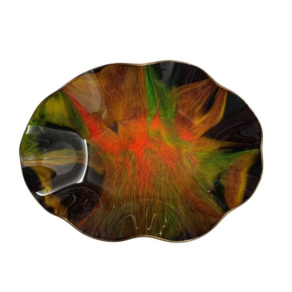 MCM Vintage SEETUSEE GLASSWARE by Mayfair Ruffled Art Glass Bowl Leather Backed - Picture 1 of 5